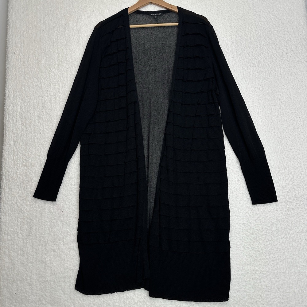 Eileen Fisher Women's Black Ruffled Sheer Open Front Cardigan Women's Size XL